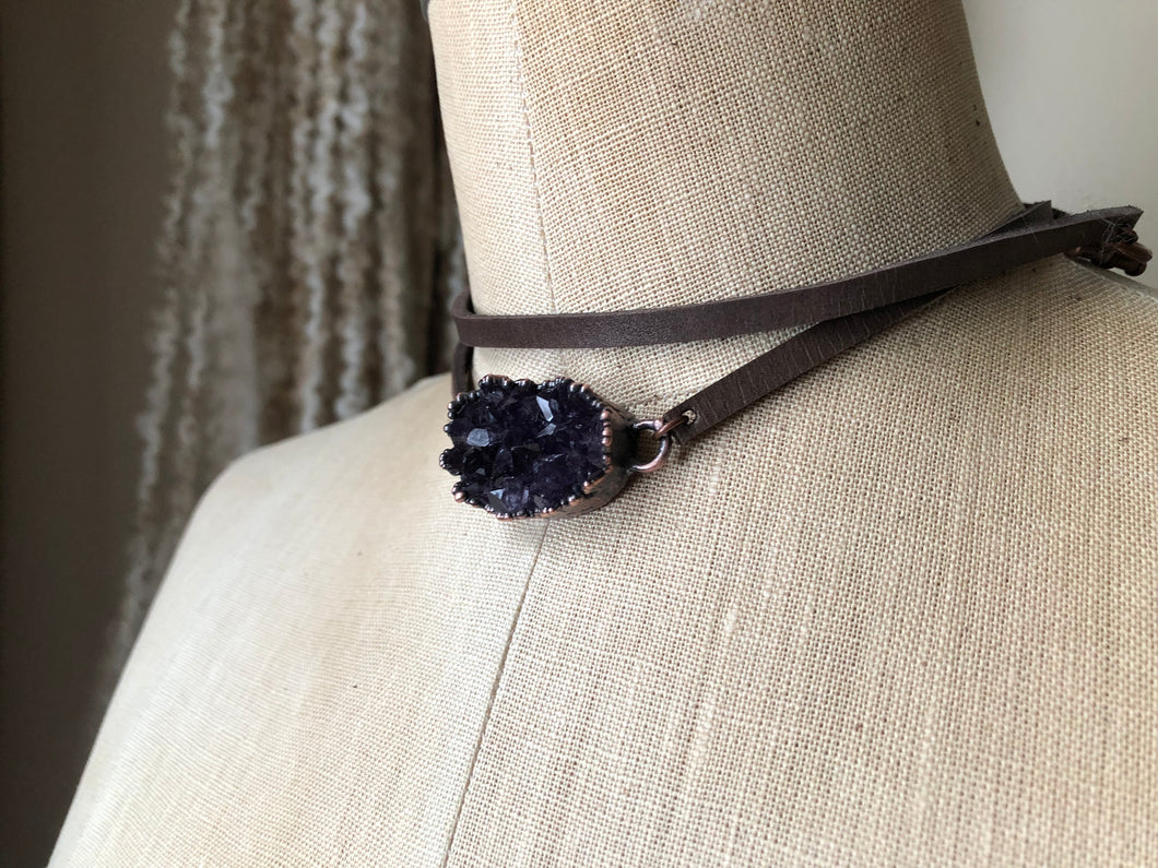 Amethyst Cluster and Leather Wrap Bracelet/Choker (small)- Made to Order