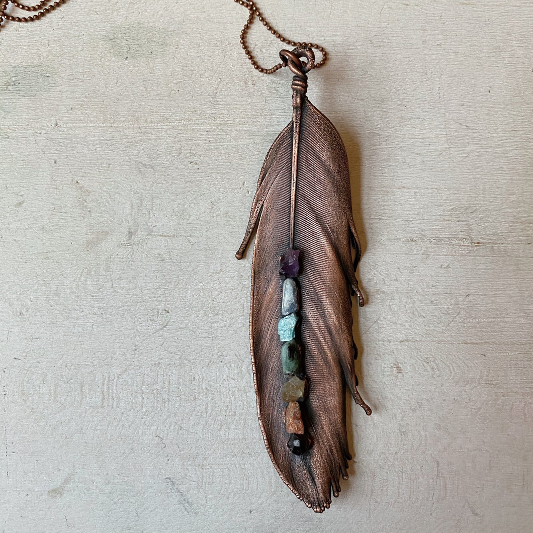 Electroformed Feather Necklace with Raw Chakra Stones - Ready to Ship