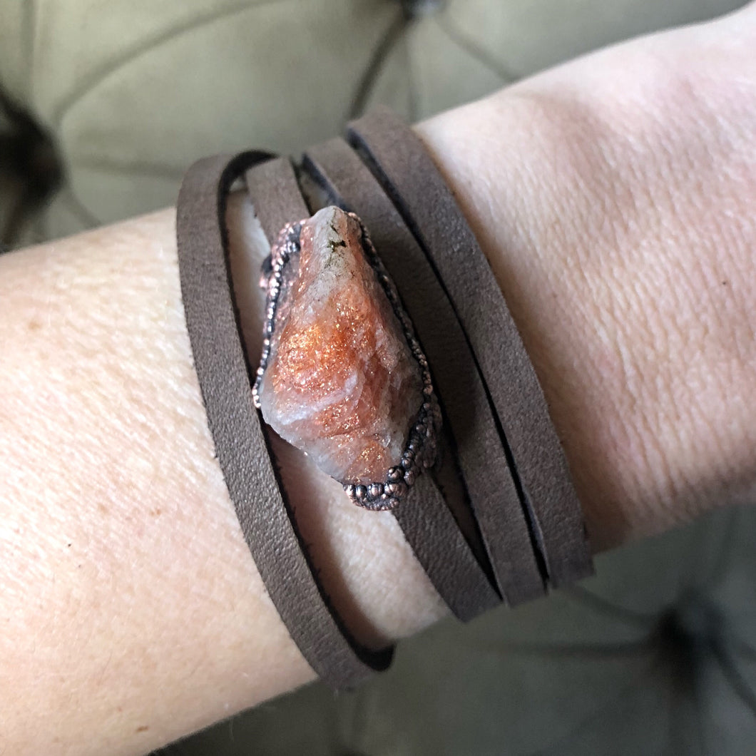 Raw Sunstone and Leather Wrap Bracelet/Choker - Ready to Ship
