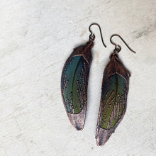 Load image into Gallery viewer, Electroformed Green Macaw Feather Earrings #2 - Ready to Ship
