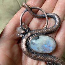 Load image into Gallery viewer, Electroformed Snake with Rainbow Moonstone &amp; Raw Clear Quartz Necklace - Ready to Ship
