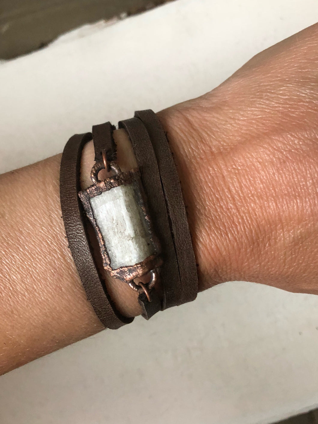 Selenite and Leather Wrap Bracelet/Choker (Satya Collection)