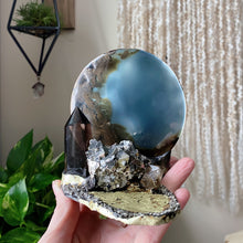 Load image into Gallery viewer, Pyrite, Smoky Quartz and Citrine Crescent Moon Scrying Mirror - Ready to Ship
