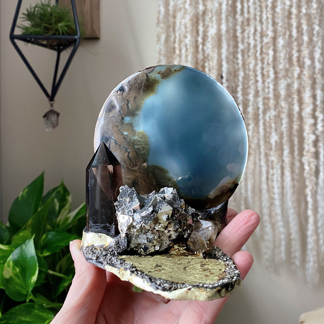Pyrite, Smoky Quartz and Citrine Crescent Moon Scrying Mirror - Ready to Ship