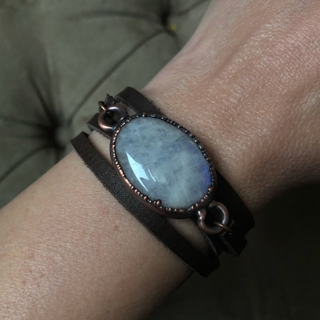 Rainbow Moonstone & Leather Wrap Bracelet/Choker #2 - Ready to Ship