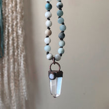 Load image into Gallery viewer, Amazonite &amp; Clear Quartz Polished Point with Rainbow Moonstone Mala

