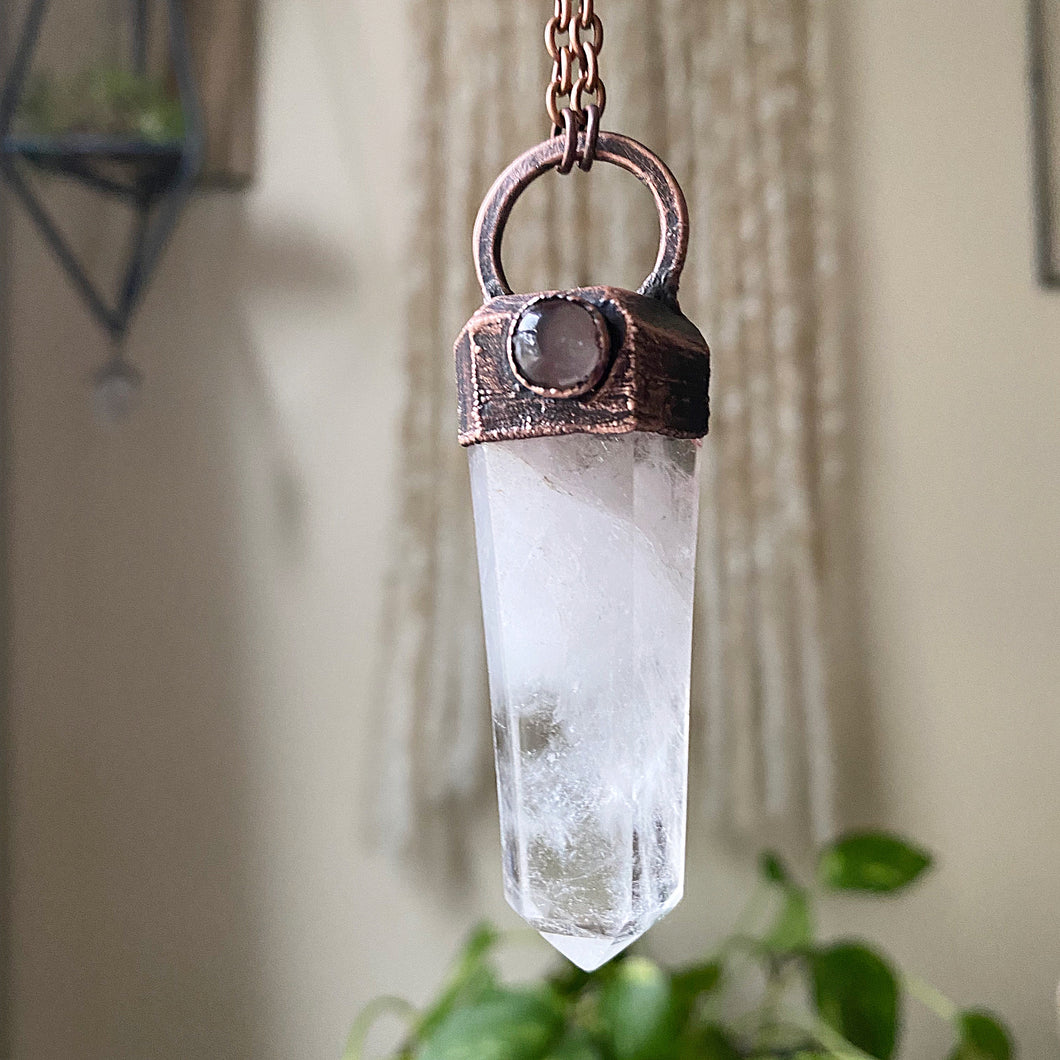 Polished Clear Quartz Point with Grey Moonstone Necklace #2