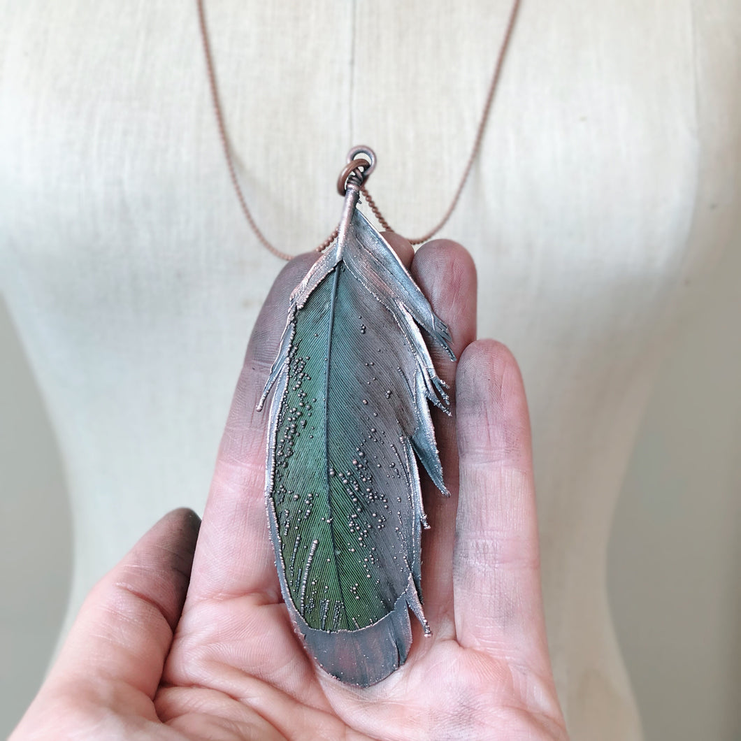 Electroformed Green Macaw Feather Necklace #3- Ready to Ship