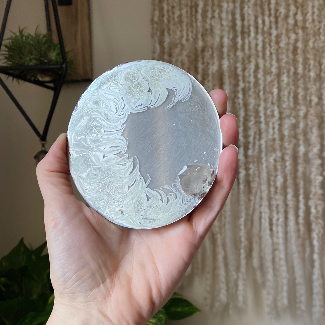 Small Silver Crescent Moon Scrying Mirror with Clear Quartz - Ready to Ship