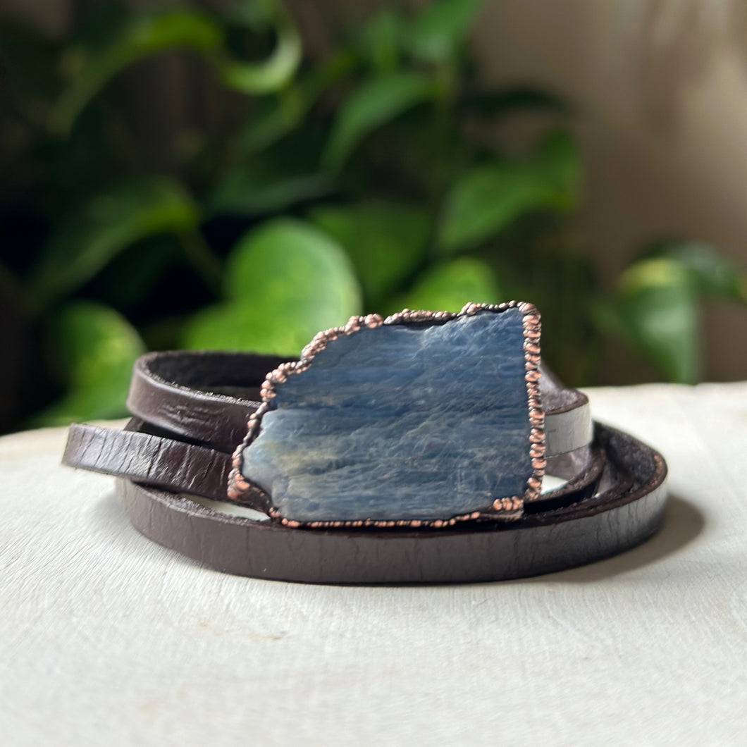 Raw Blue Kyanite and Leather Wrap Bracelet/Choker #1 - Ready to Ship