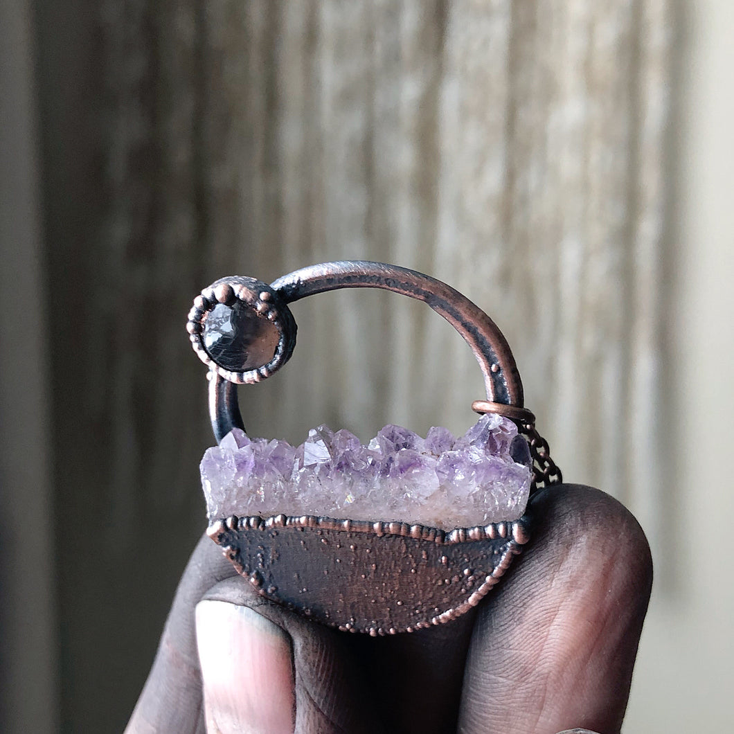 Round Amethyst Slice with Grey Moonstone Necklace - Ready to Ship