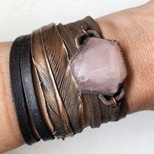 Load image into Gallery viewer, Rose Quartz Hexagon and Leather Wrap Bracelet/Choker (Flower Moon Collection)
