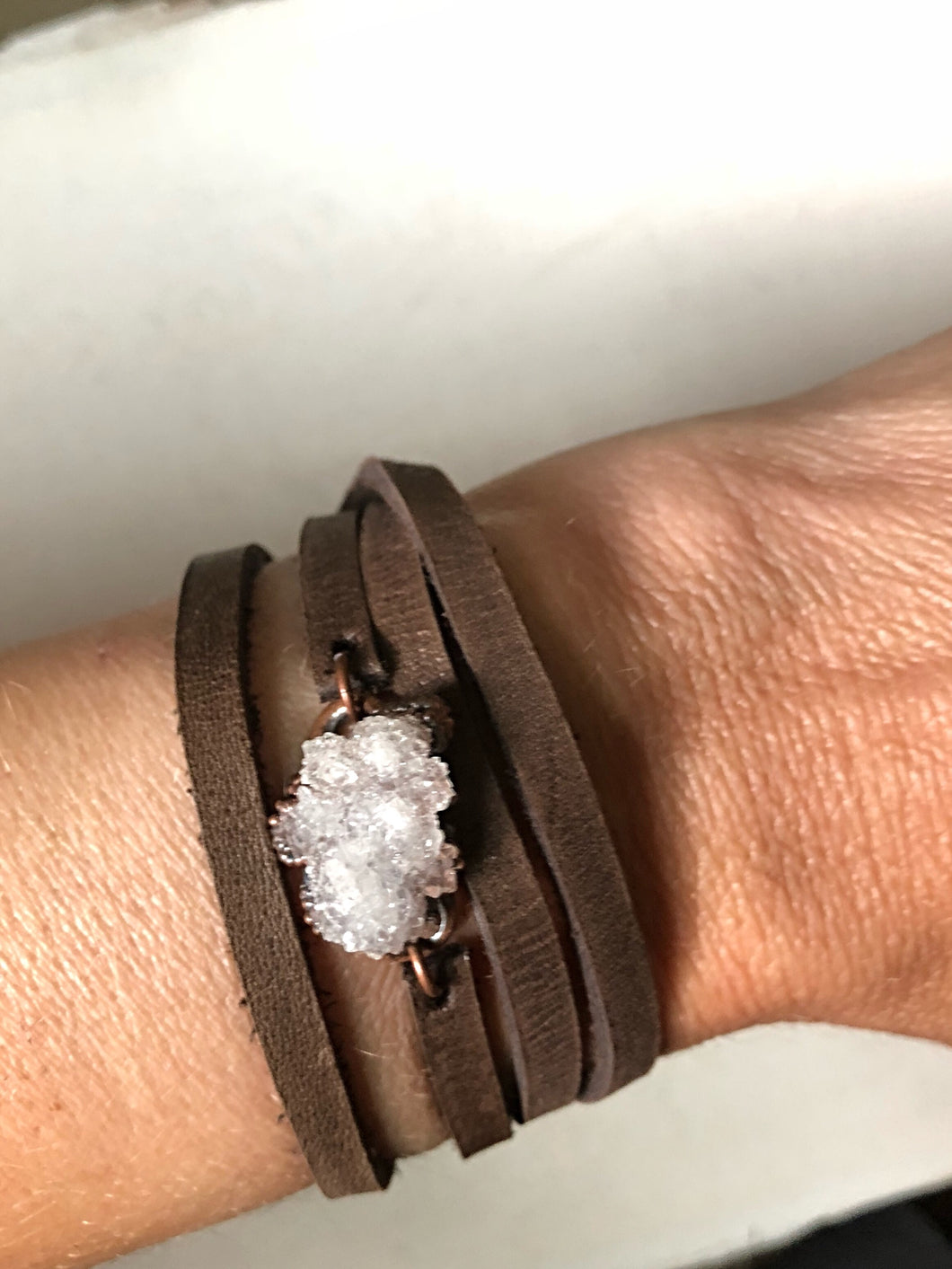 White Druzy and Leather Wrap Bracelet/Choker (Satya Collection)