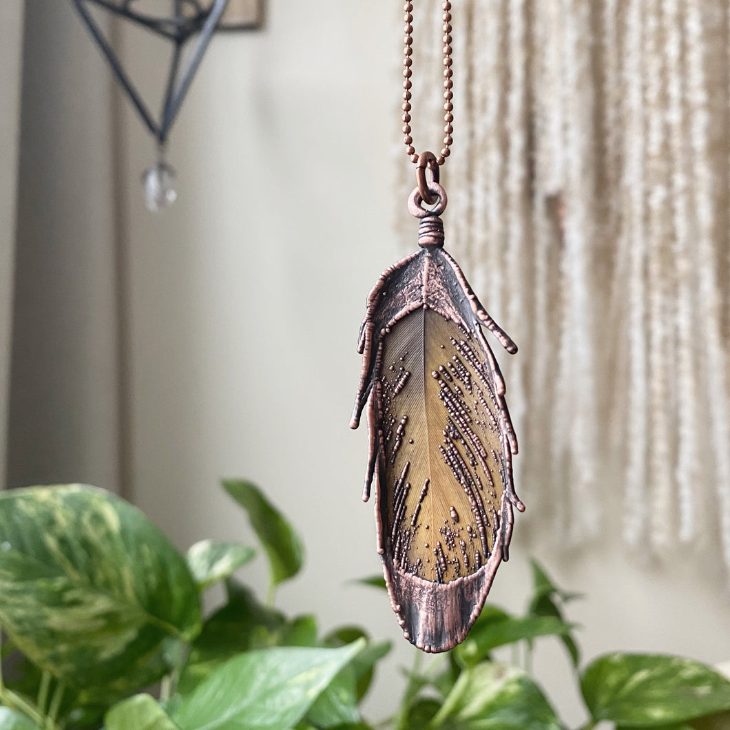 Electroformed Yellow Macaw Feather Necklace #1 - Ready to Ship