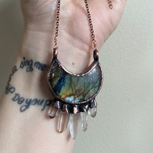 Load image into Gallery viewer, Labradorite Crescent Moon with Raw Clear Quartz Necklace #2 - Ready to Ship
