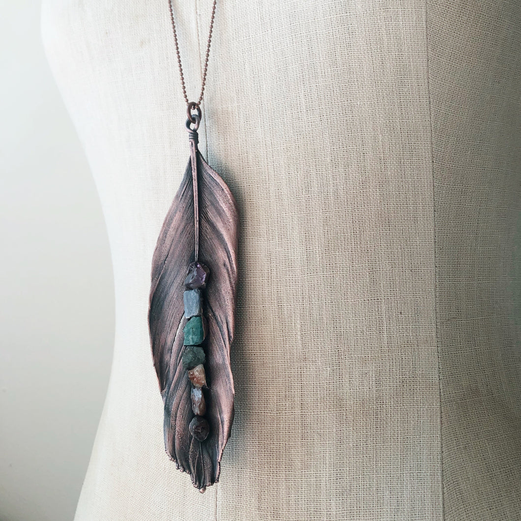 Electroformed Feather Necklace with Raw Chakra Stones #4 - Ready to Ship