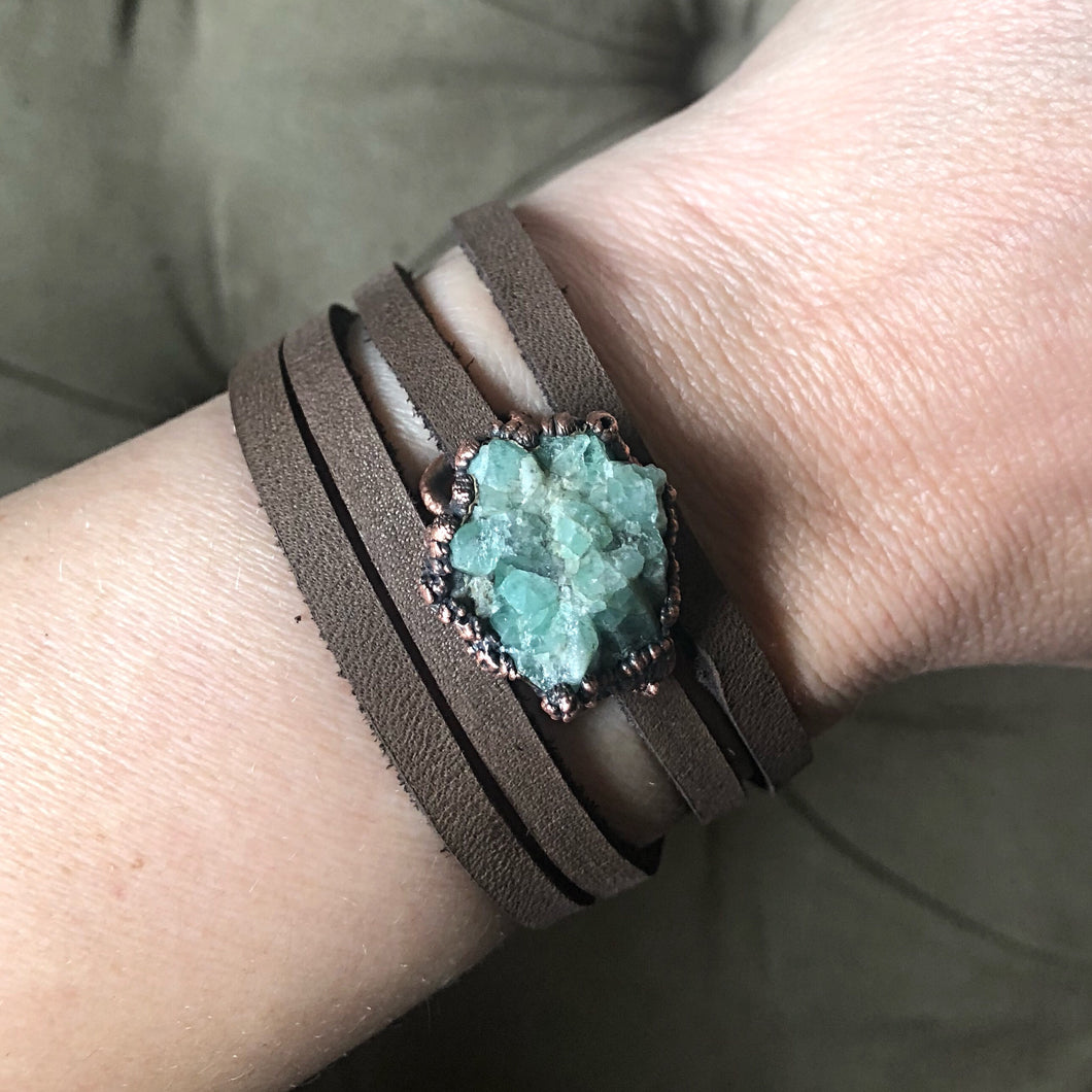Raw Emerald and Leather Wrap Bracelet/Choker - Made to Order