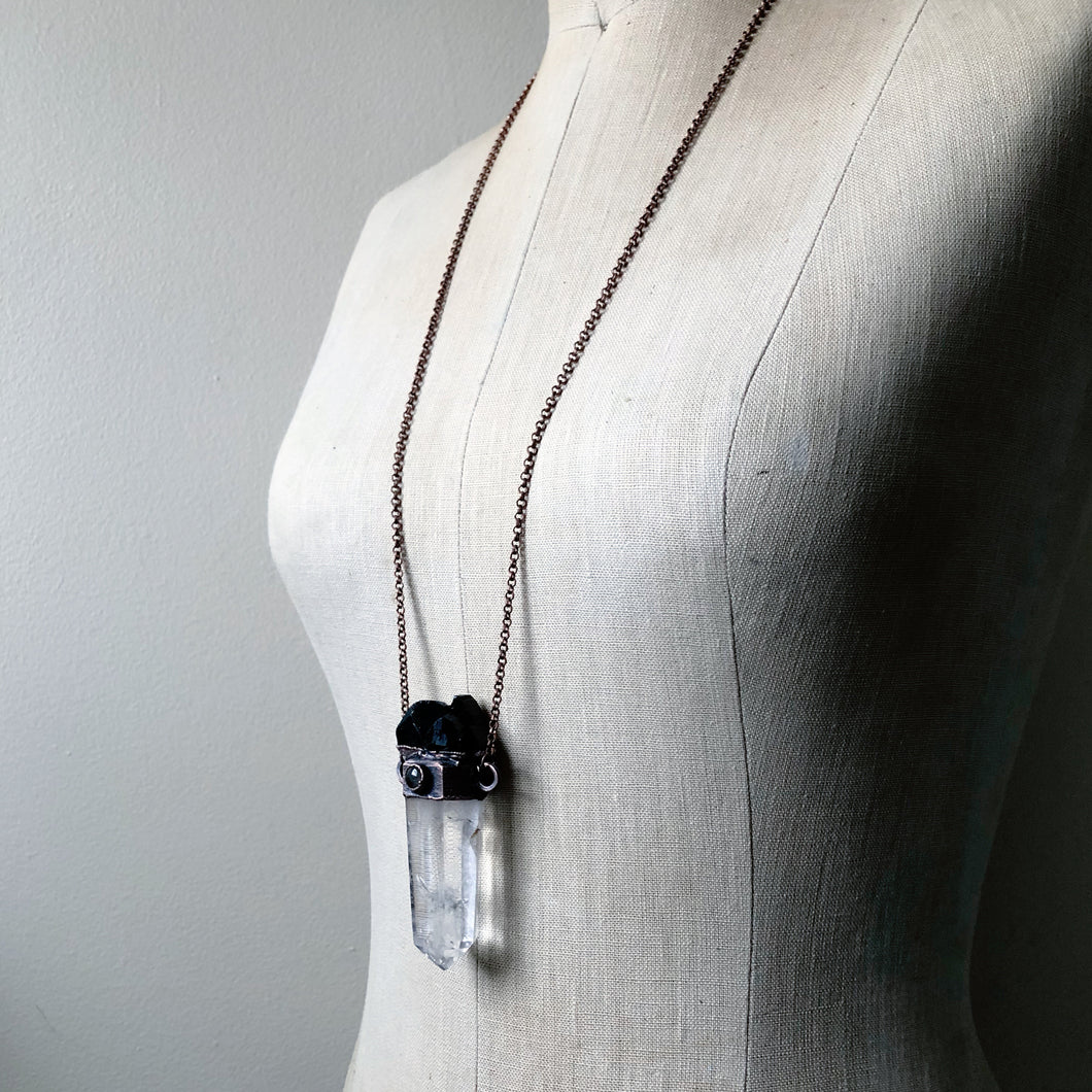 Polished Clear Quartz Point with Black Tourmaline & Grey Moonstone Necklace