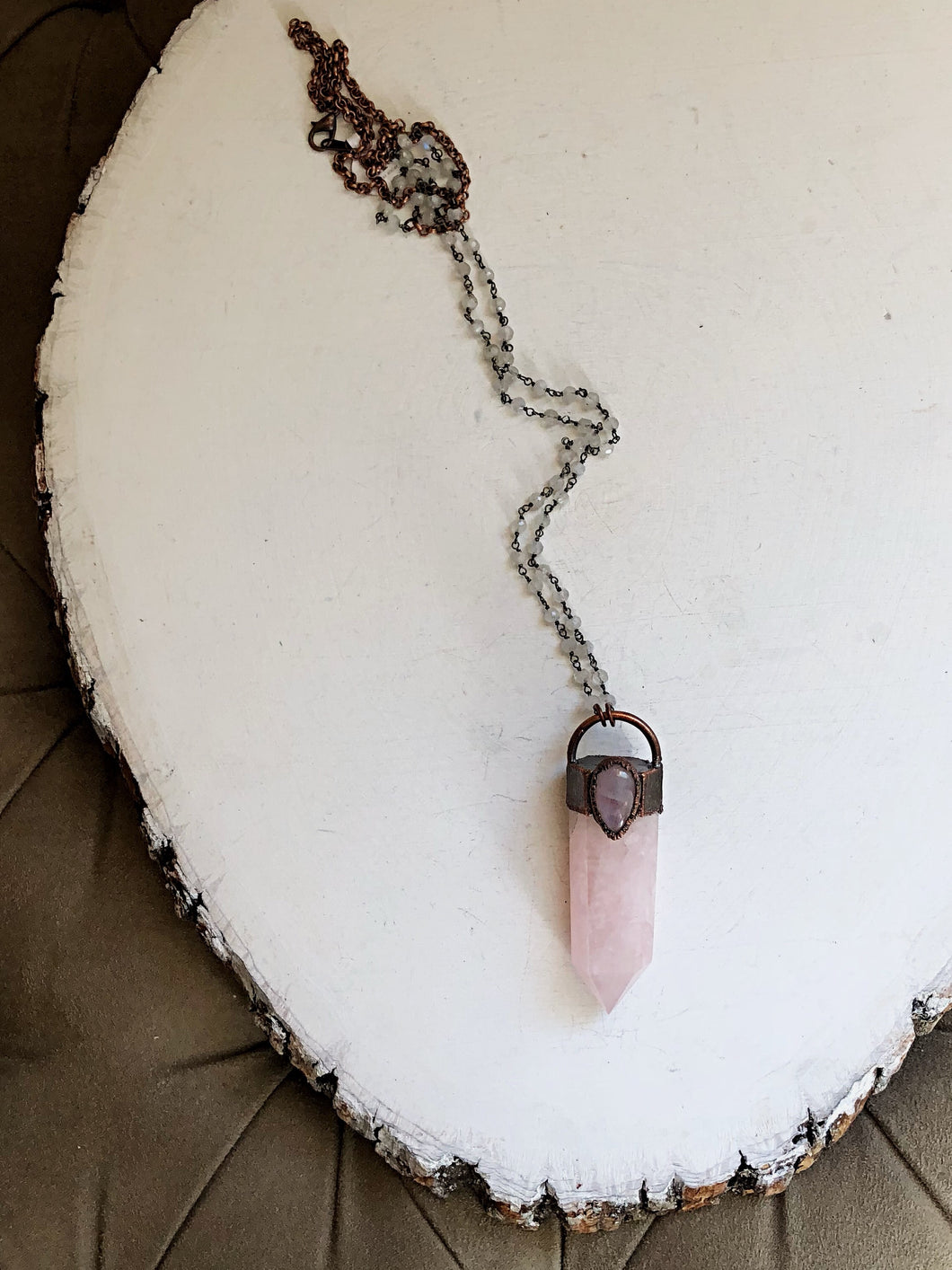 Rose Quartz Point with Rainbow Moonstone Necklace - Ready to Ship (5/17 Update)