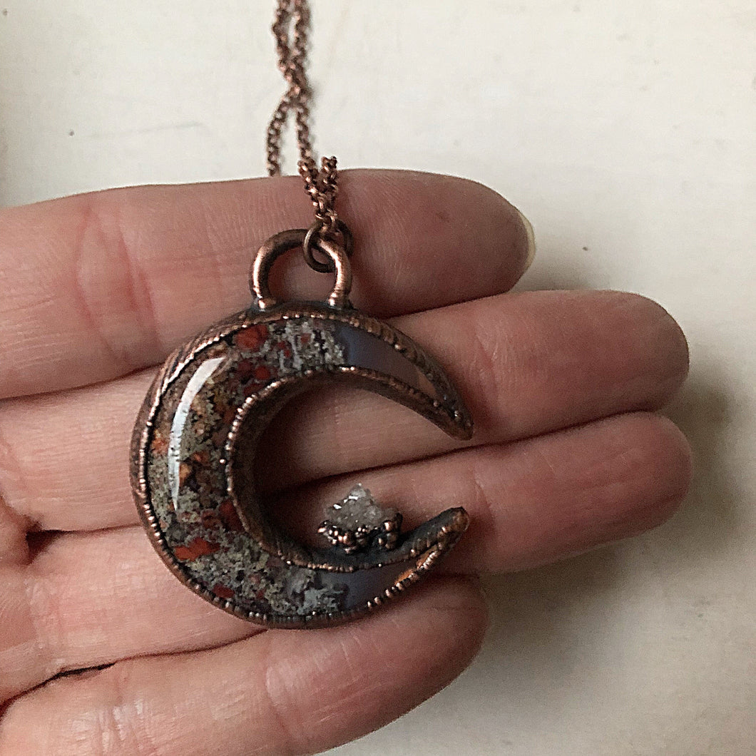 Moss Agate Crescent Moon with Druzy Accentl Necklace #2 - Ready to Ship