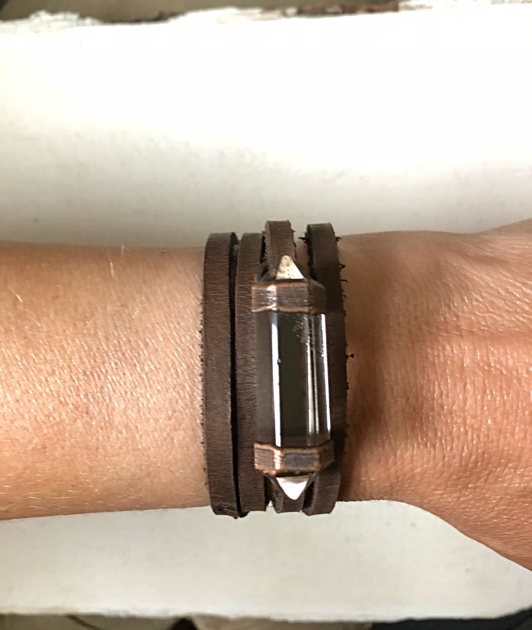 Clear Double Terminated Point and Leather Wrap Bracelet/Choker (Satya Collection)