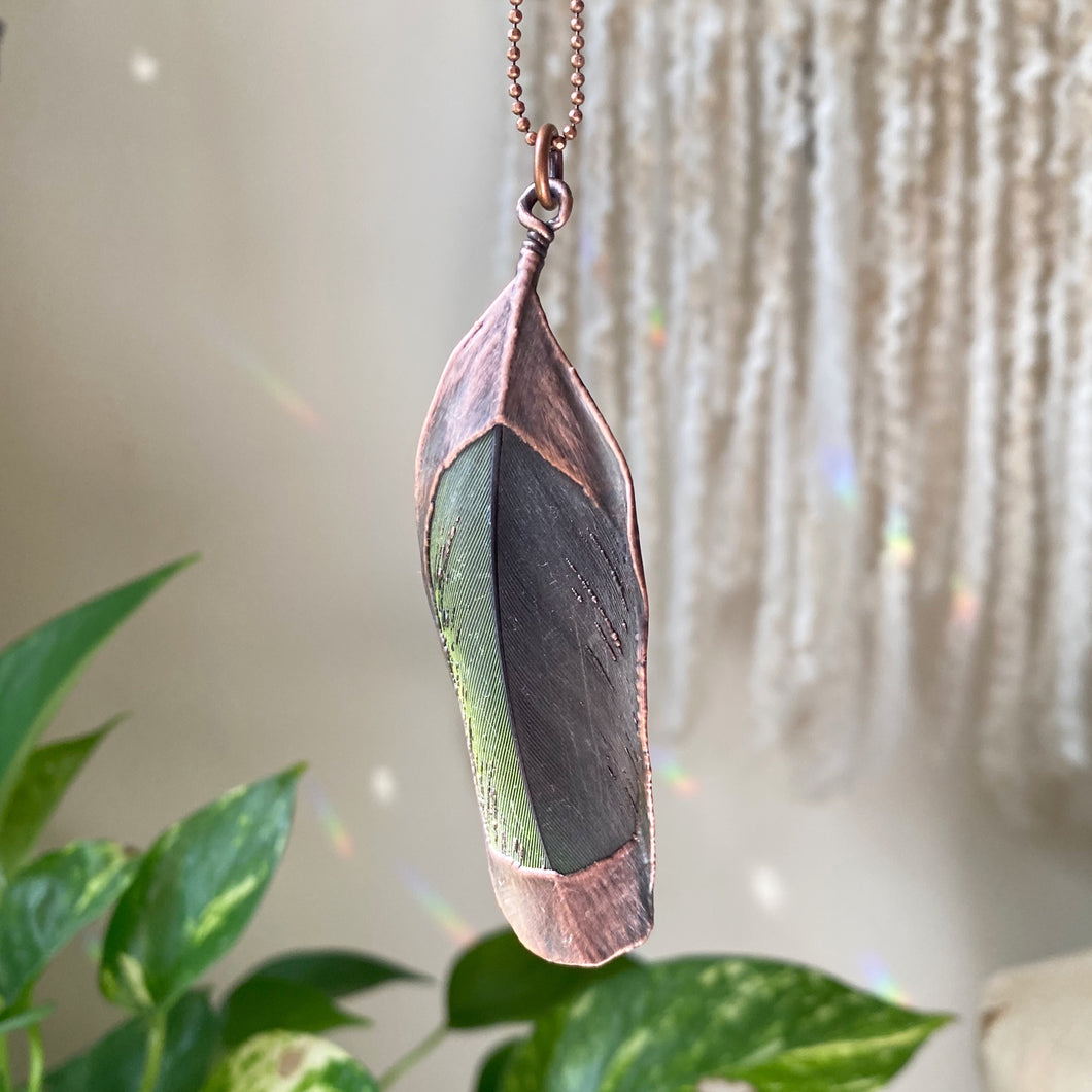 Electroformed Green Macaw Feather Necklace - Ready to Ship