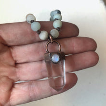 Load image into Gallery viewer, Amazonite &amp; Clear Quartz Polished Point with Rainbow Moonstone Mala
