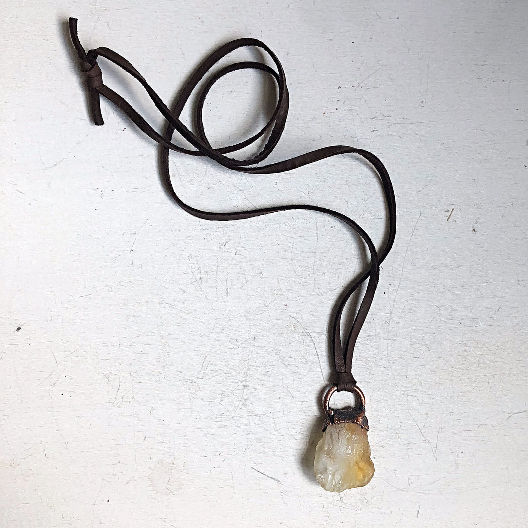 Raw Citrine Necklace on Adjustable Brown Leather Lace #1 (Icarus Soaring)
