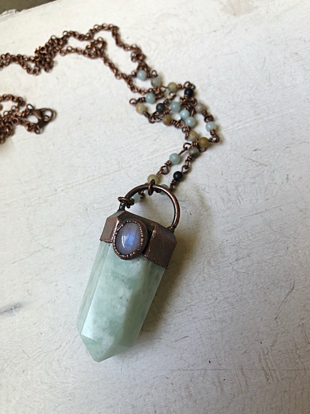 Amazonite Six-Sided Point with Rainbow Moonstone Necklace on Amazonite Accented Chain- Ready to Ship