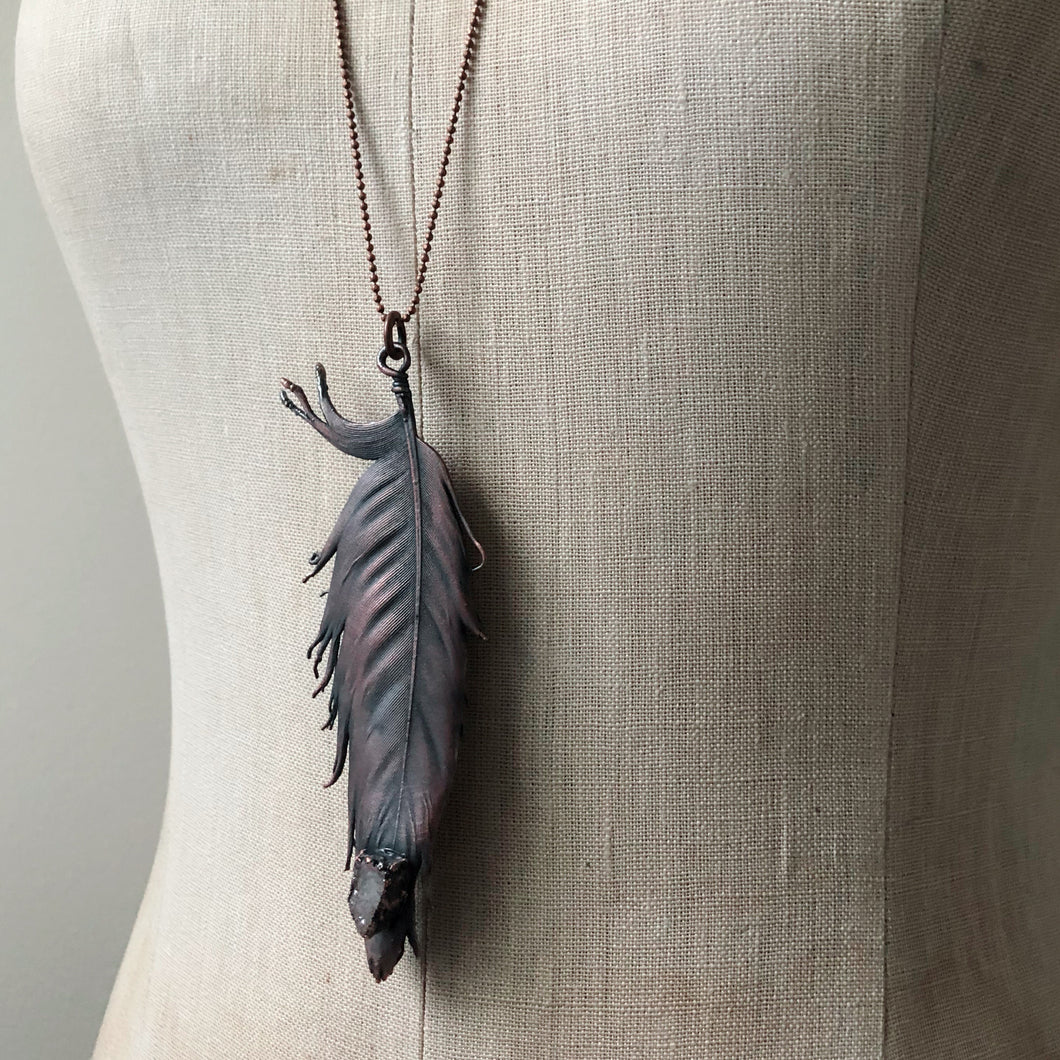 Electroformed Wild Feather with Clear Quartz Druzy Cluster Necklace