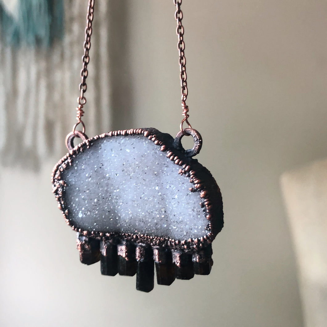 White Druzy and Dravite Statement Necklace - Ready to Ship