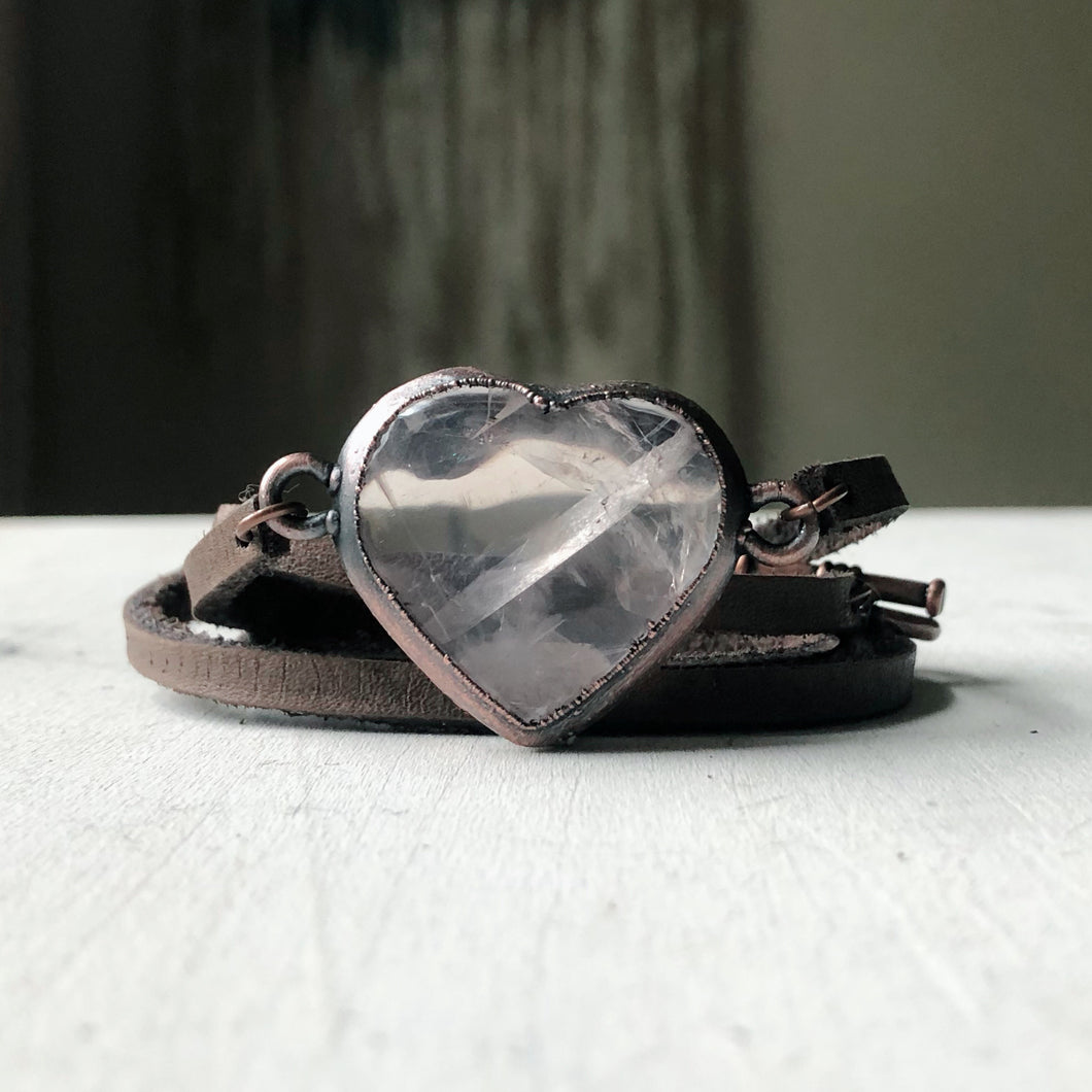 Rose Quartz Heart and Leather Wrap Bracelet/Choker