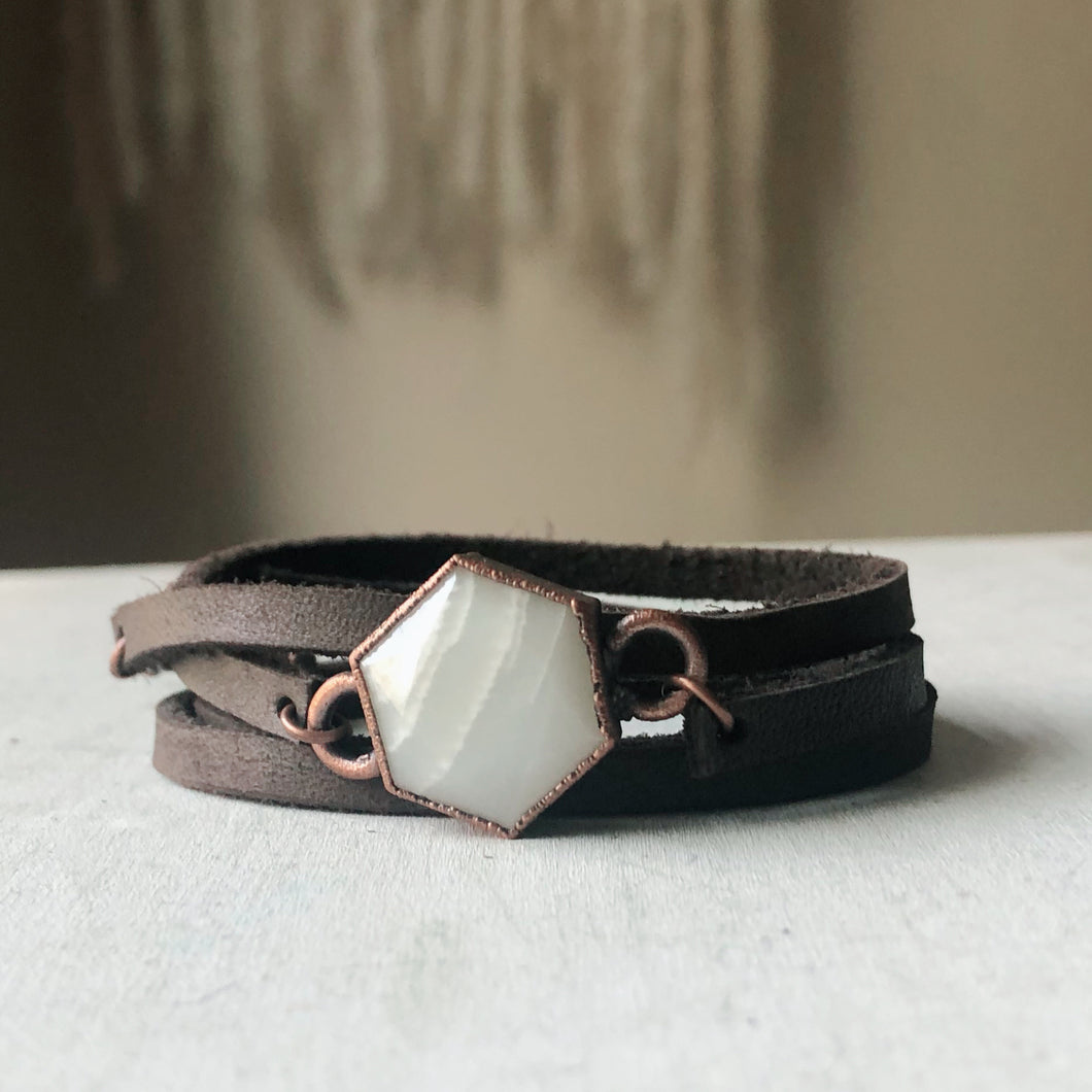 White Moonstone Hexagon and Leather Wrap Bracelet/Choker #2 - Ready to Ship
