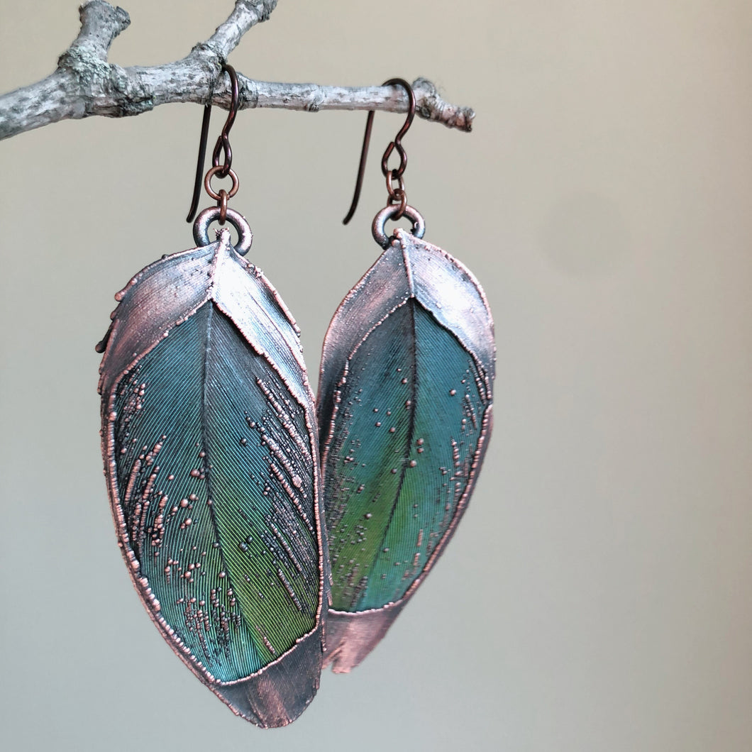 Electroformed Green Macaw Feather Earrings #1 - Ready to Ship
