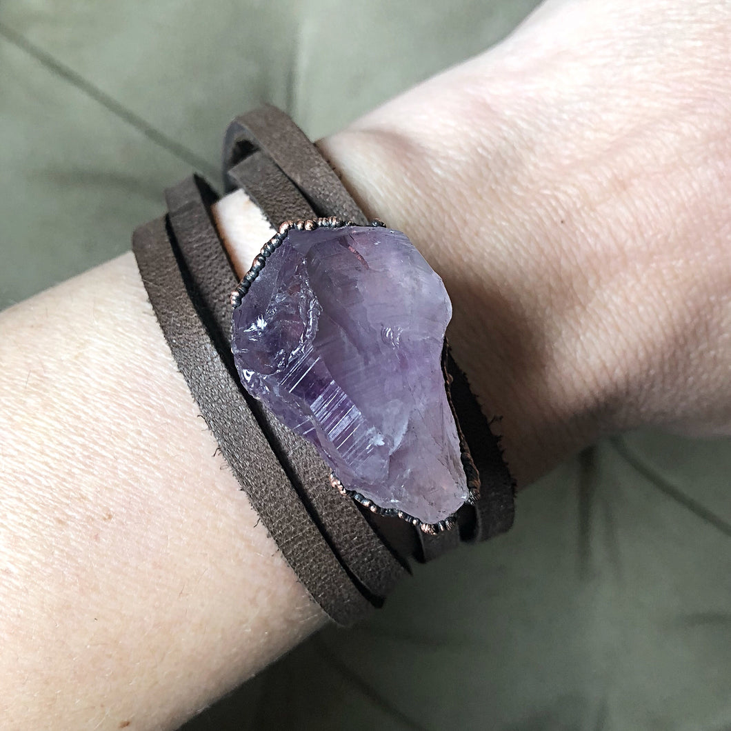 Raw Amethyst and Leather Wrap Bracelet/Choker - Ready to Ship