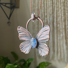 Load image into Gallery viewer, Electroformed Butterfly With Rainbow Moonstone &amp; Angel Aura Quartz Necklace - Ready to Ship
