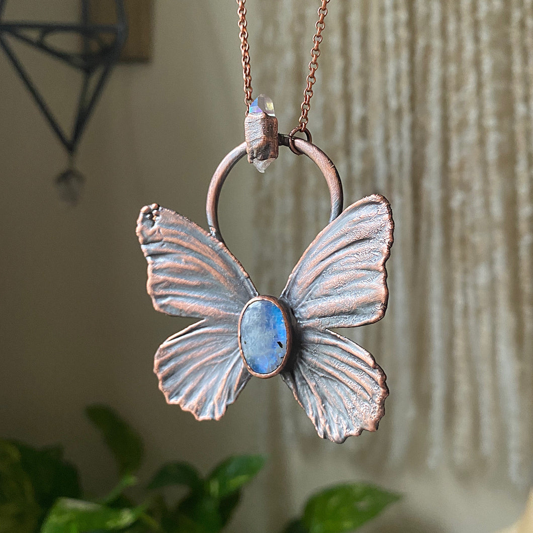 Electroformed Butterfly With Rainbow Moonstone & Angel Aura Quartz Necklace - Ready to Ship