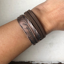 Load image into Gallery viewer, Electroformed Feather and Leather Wrap Bracelet - Ready to Ship
