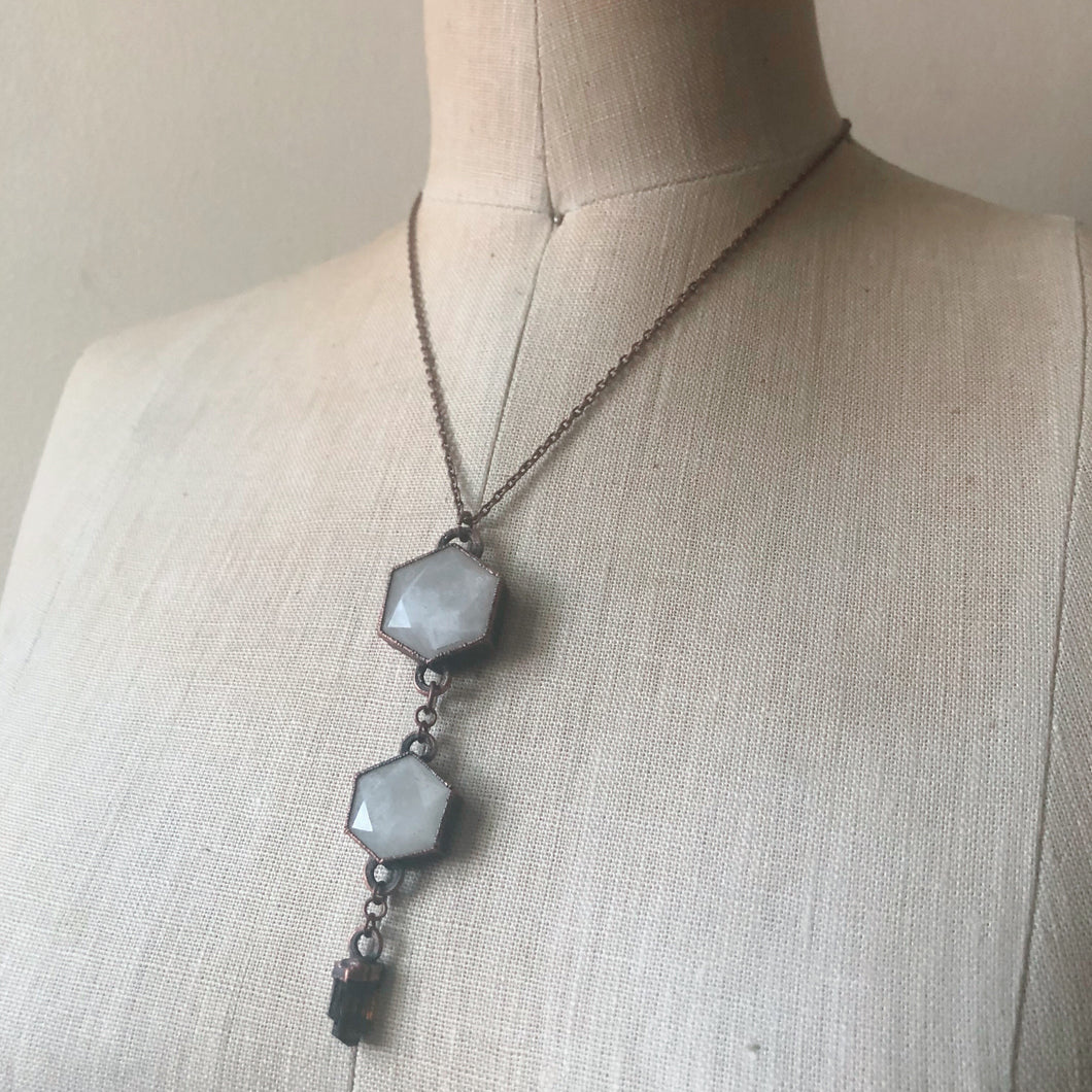 Double White Moonstone Hexagon and Dravite Necklace - Ready to Ship