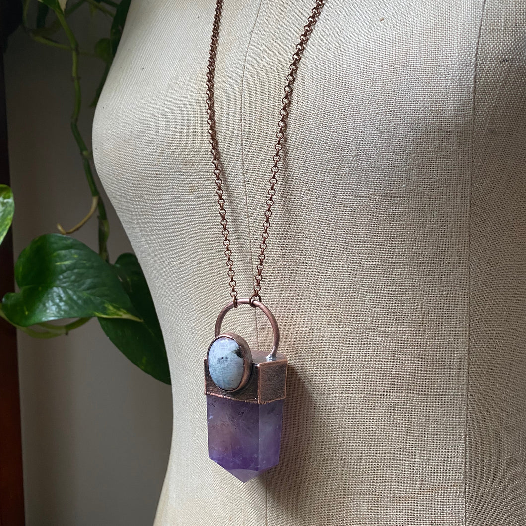 Amethyst Polished Point & Rainbow Moonstone  Necklace - Ready to Ship
