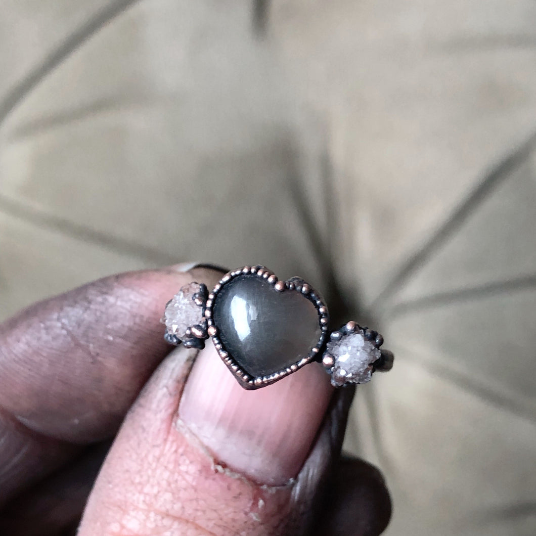 Grey Moonstone & Clear Quartz Druzy Ring - #1 (Size 6) - Ready to Ship