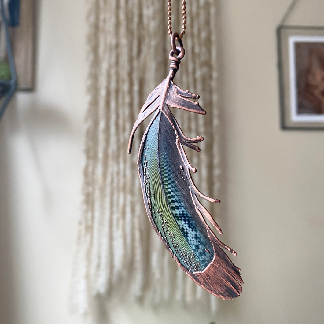 Electroformed Blue & Green Macaw Feather Necklace - Ready to Ship