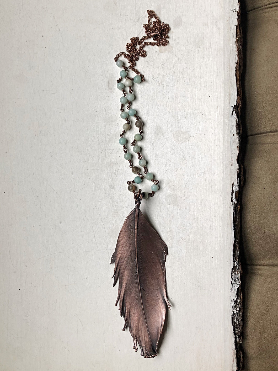 Large Electroformed Feather & Amazonite Necklace #2 - Moksha Collection