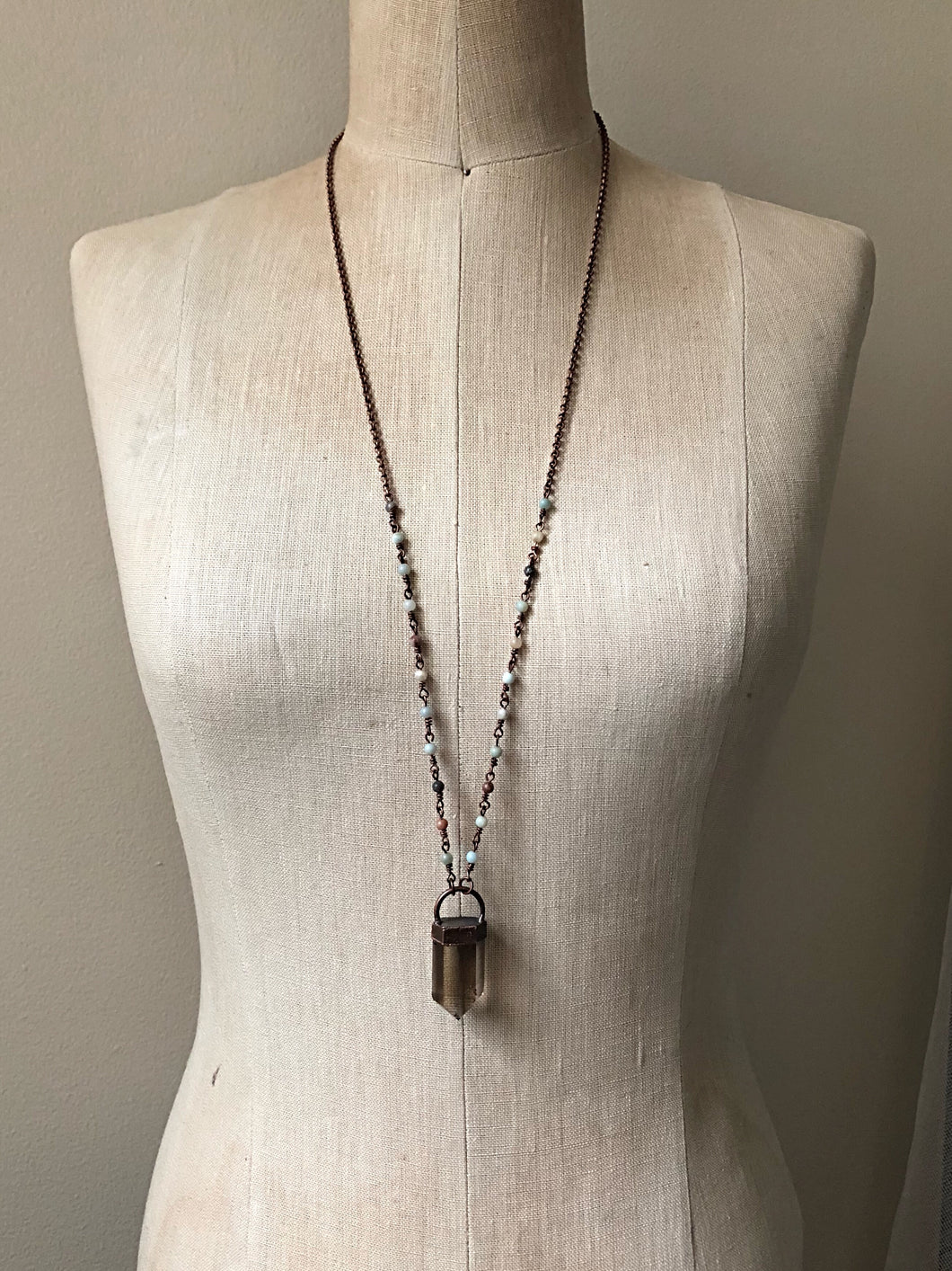 Polished Smoky Quartz Point Necklace with Amazonite Accented Chain (Satya Collection)