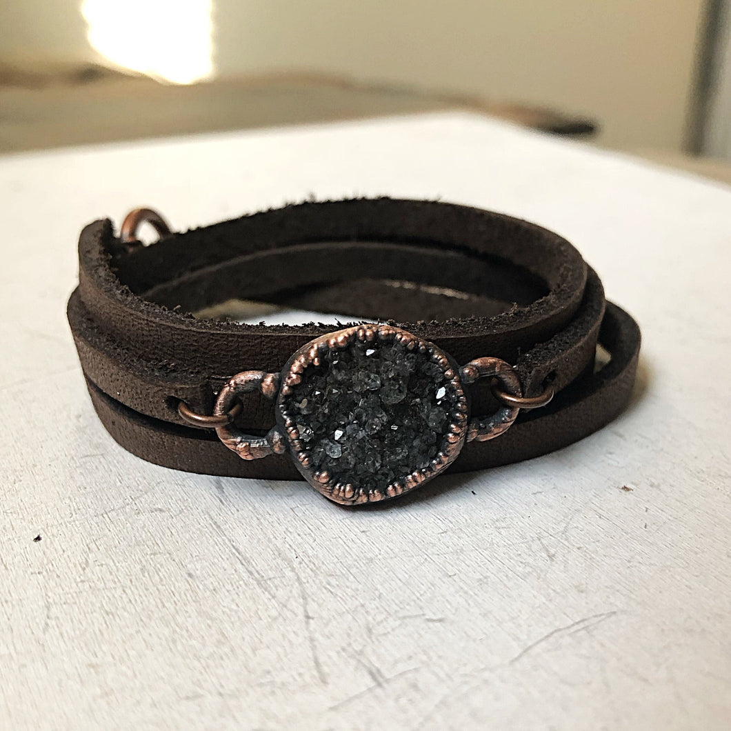 Charcoal Druzy and Leather Wrap Bracelet/Choker #1 - Ready to Ship