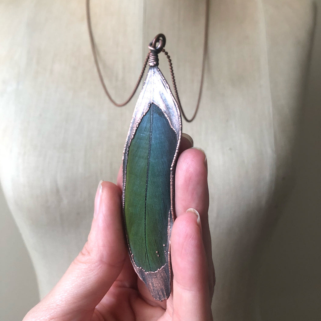 Electroformed Green Macaw Feather Necklace #1- Ready to Ship