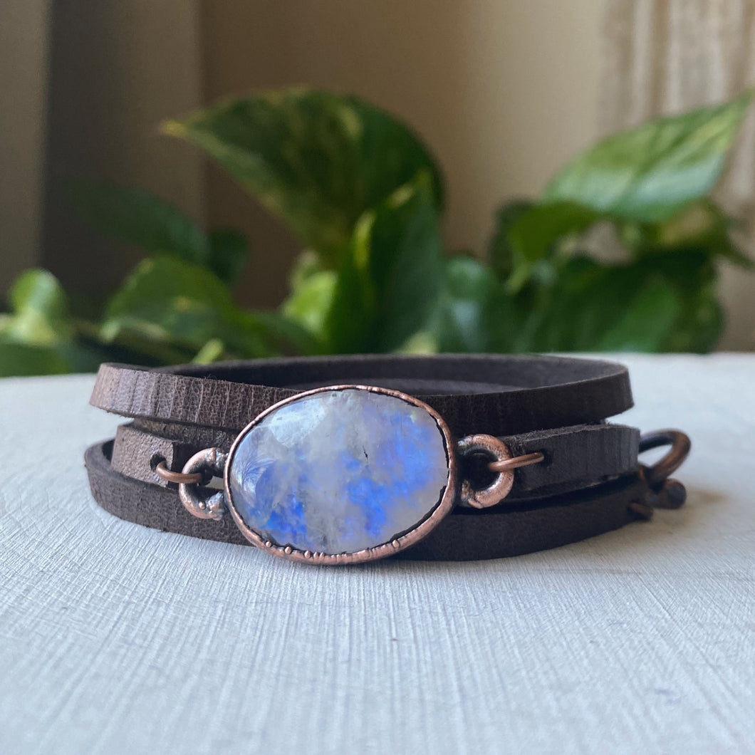 Rainbow Moonstone & Leather Wrap Bracelet/Choker #1 - Ready to Ship