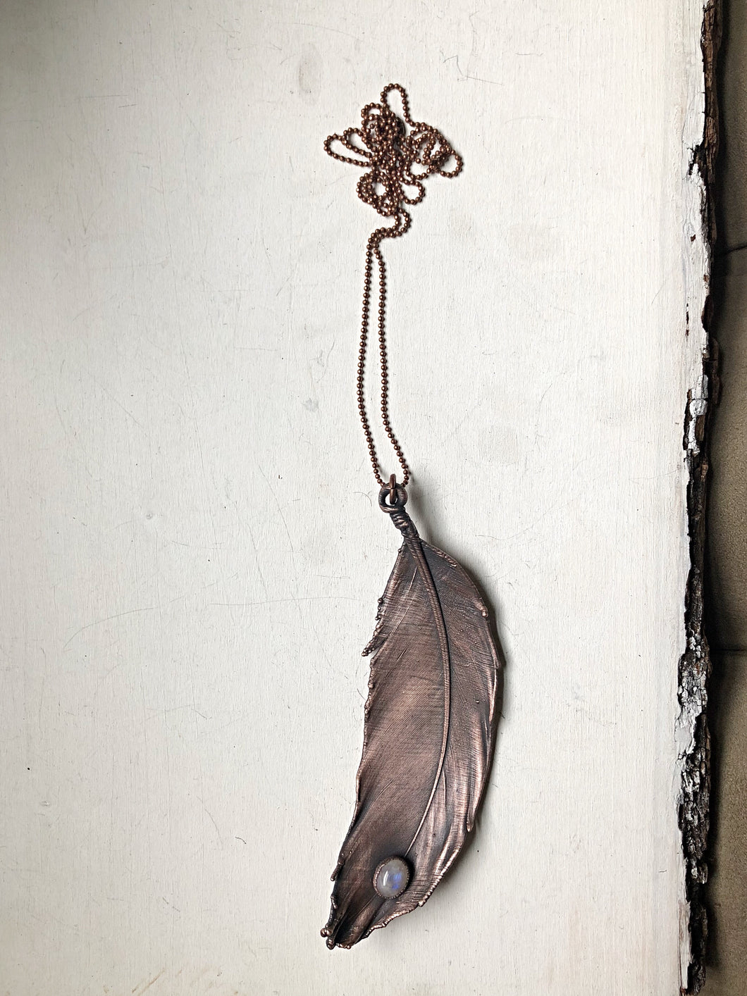 Electroformed Feather and Rainbow Moonstone Necklace #2 - Moksha Collection