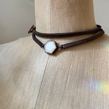 Load image into Gallery viewer, White Moonstone Hexagon and Leather Wrap Bracelet/Choker - Ready to Ship
