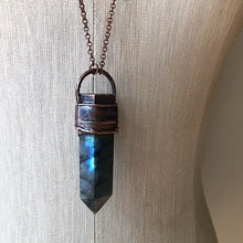Load image into Gallery viewer, Feather Bezel Large Labradorite Point Necklace on Aged Copper Chain - Ready to Ship (5/17 Update)
